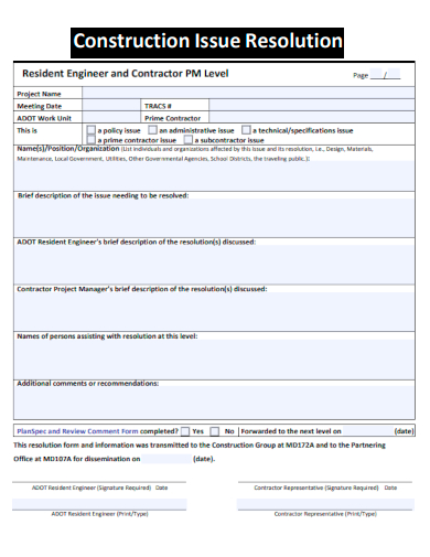 sample construction issue resolution template