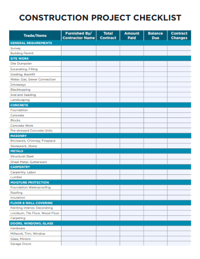 sample construction project basic checklist template