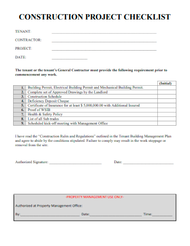 sample construction project checklist form template