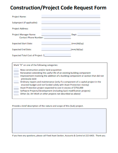 sample construction project code request form template