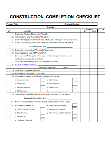 sample construction project completion checklist template