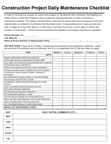 sample construction project daily maintenance checklist template