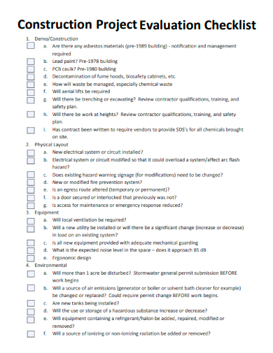 sample construction project evaluation checklist template