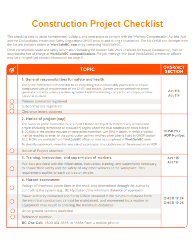 sample construction project formal checklist template