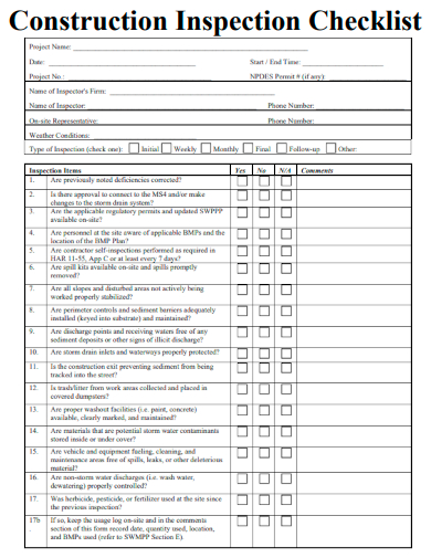 sample construction project inspection checklist template