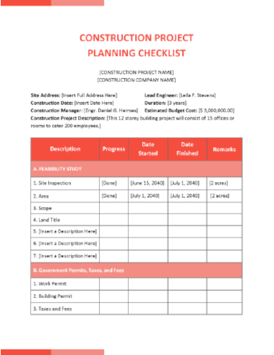 sample construction project planning checklist template