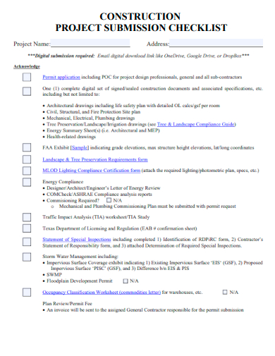 sample construction project submission checklist template