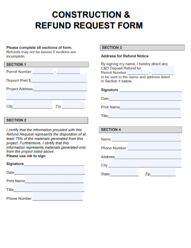 sample construction refund request form template