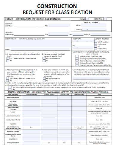 sample construction request for classification form template