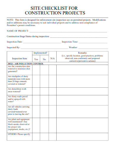 sample construction site project checklist template