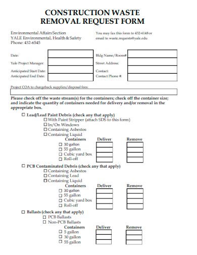sample construction waste removal request form template