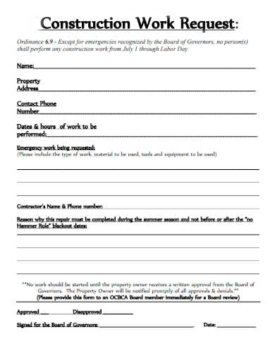 sample construction work request form template