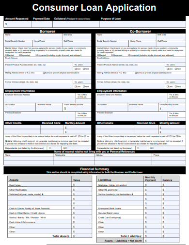 sample consumer loan application template