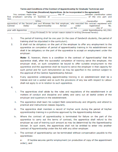 sample contract of apprenticeship for graduate agreement template