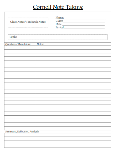 sample cornell note taking form template