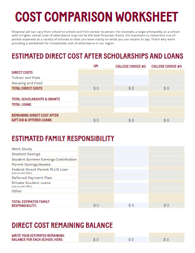 sample cost comparison worksheet template