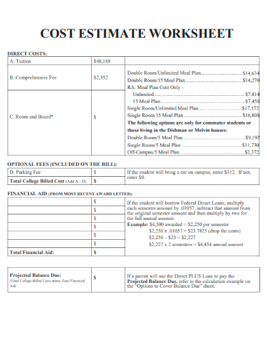 sample cost estimate worksheet template