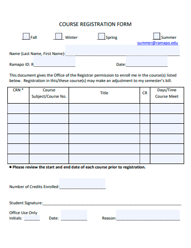 sample course registration form template