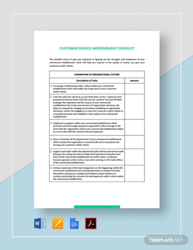 sample customer services improvement checklist template