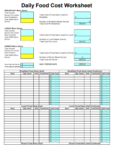 sample daily food cost worksheet template