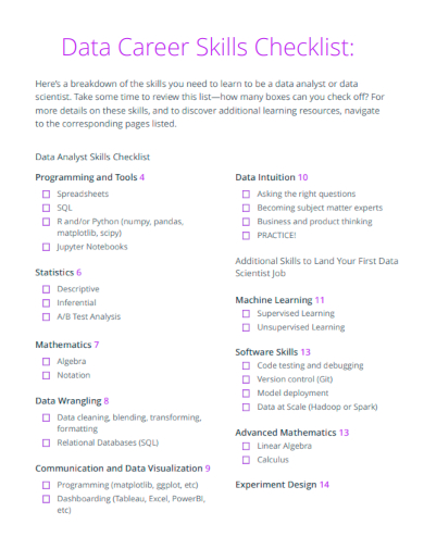 sample data career skills checklist template