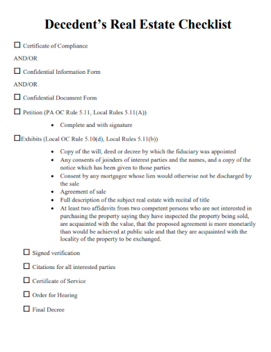 sample decedents real estate checklist template