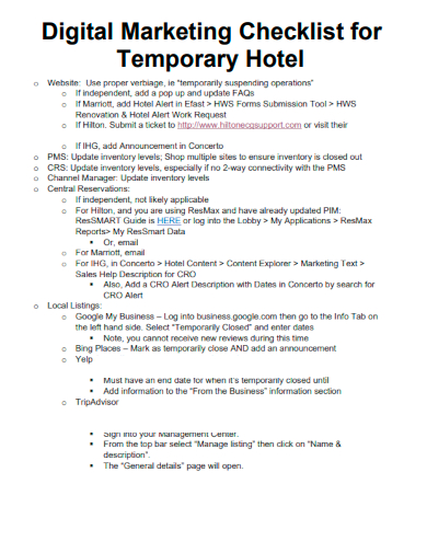 sample digital marketing checklist for temporary hotel template