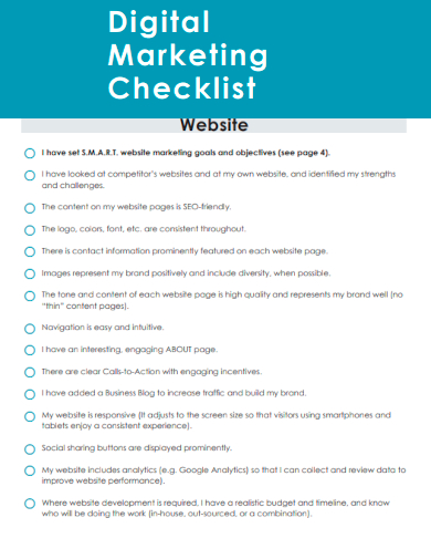 sample digital marketing website checklist template