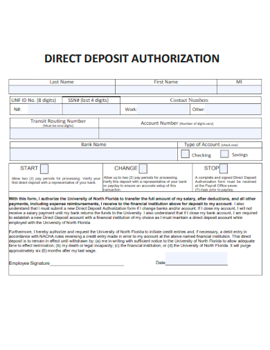sample direct deposit authorization template