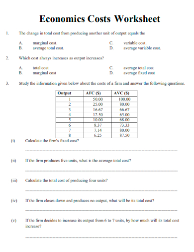 sample economics costs worksheet template