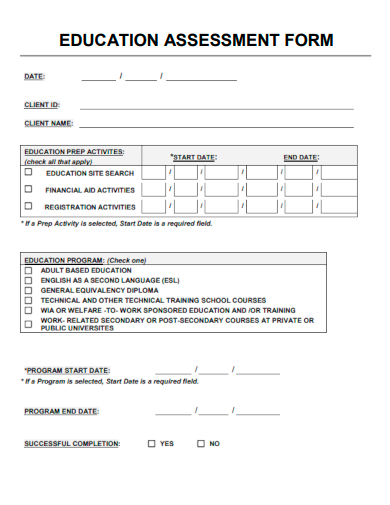 sample education assessment form template