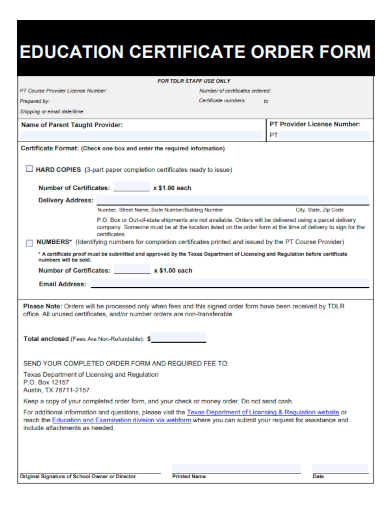 sample education certificate order form template
