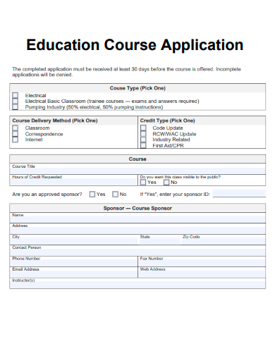sample education course application form template
