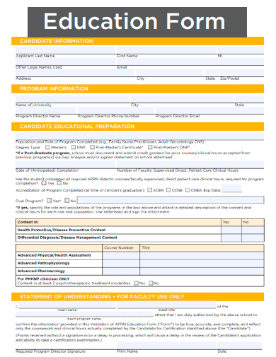 sample education printable form template