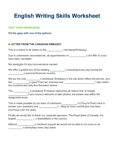 sample english writing skills worksheet template