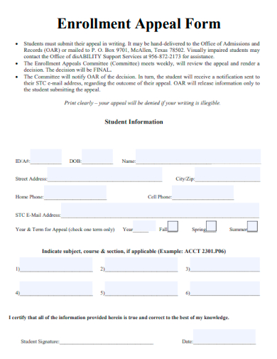 sample enrollment appeal form template