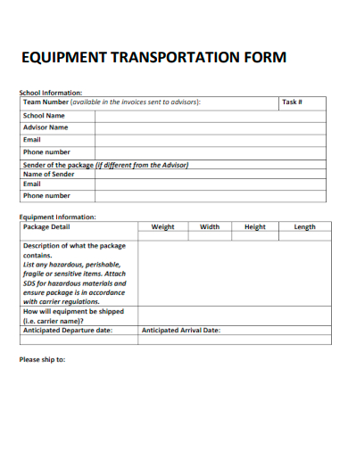 sample equipment transportation form template