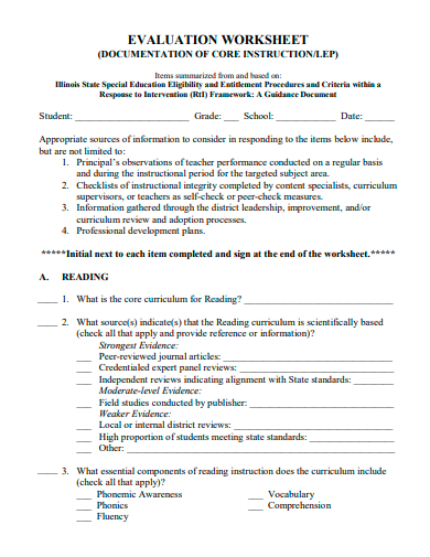 sample evaluation worksheet template