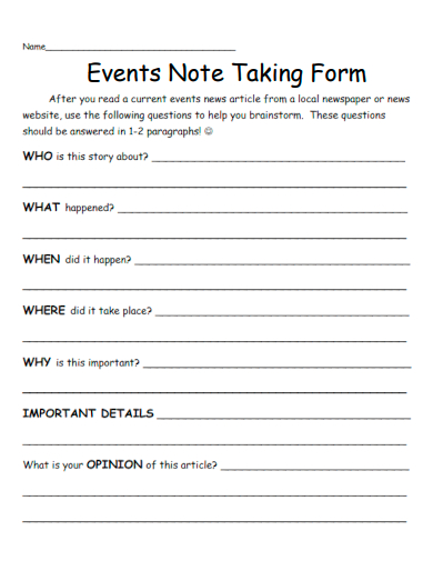 sample events note taking form template