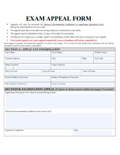 sample exam appeal form template