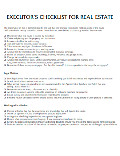 sample executors checklist for real estate template