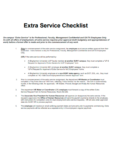 sample extra service checklist template
