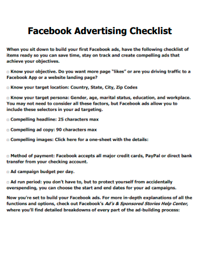 sample facebook advertising checklist template
