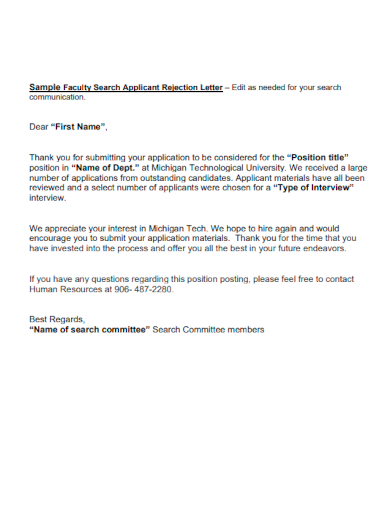 sample faculty search application rejection letter template