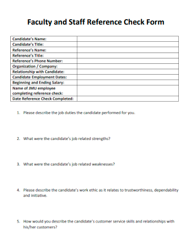 sample faculty staff reference check form template