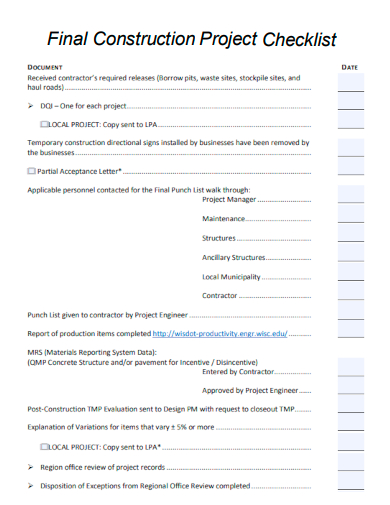 sample final construction project checklist template