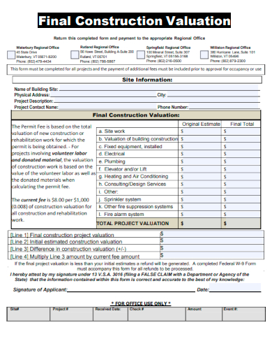 sample final construction valuation template