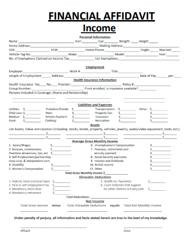 sample financial income affidavit template