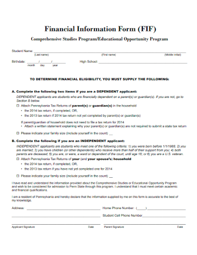 sample financial information form template