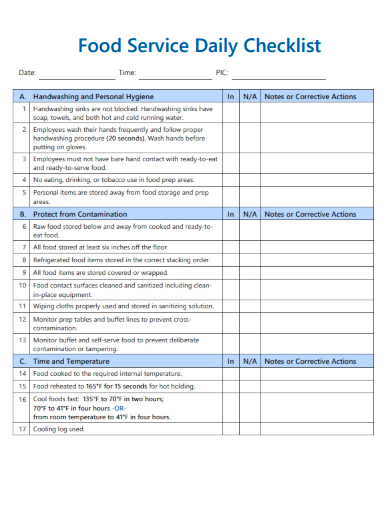 sample food service daily checklist template